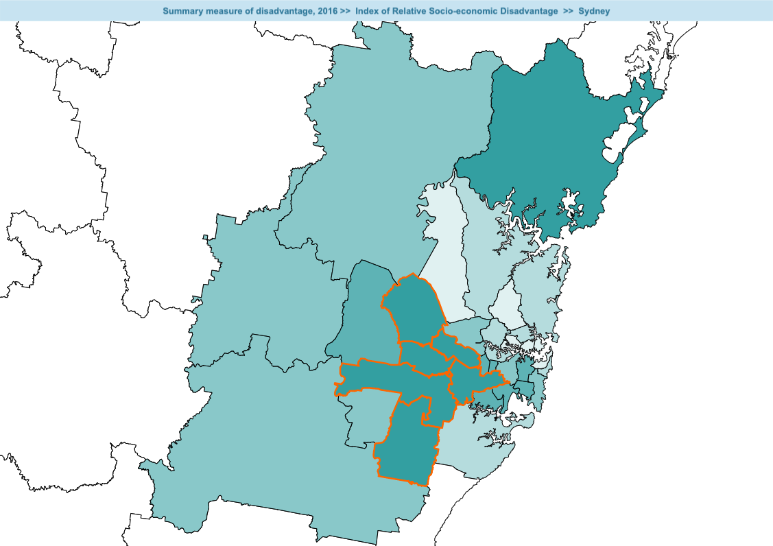 A map of Sydney's LGAs shaded by relative socio-economic disadvantage (IRSD). 