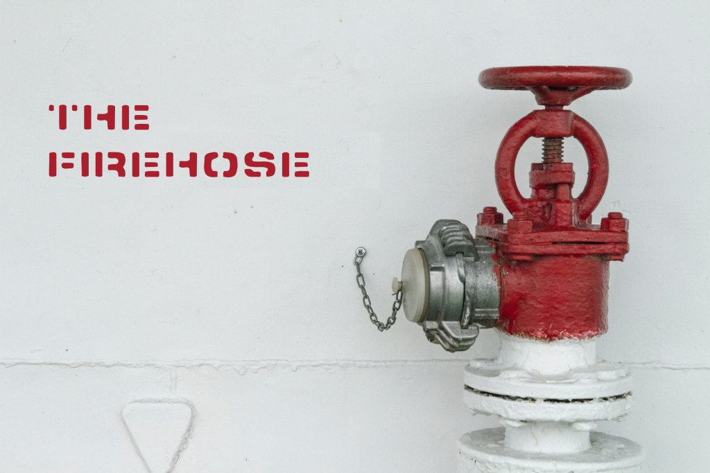 A picture of a red fire hydrant with brutalist stencil text in red saying 'The Firehose.'